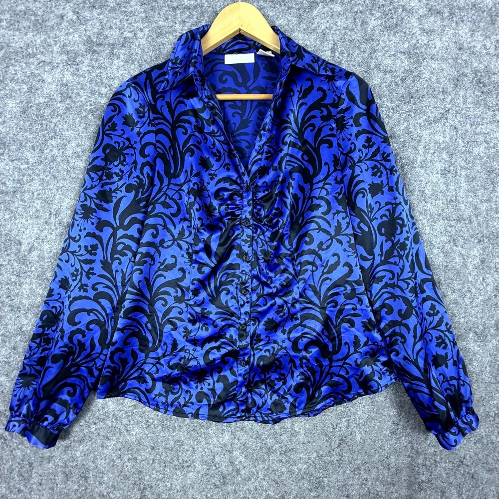 Vintage Worthington Blouse Top Womens 8 Navy Blue Floral Satin Lux Office Siren